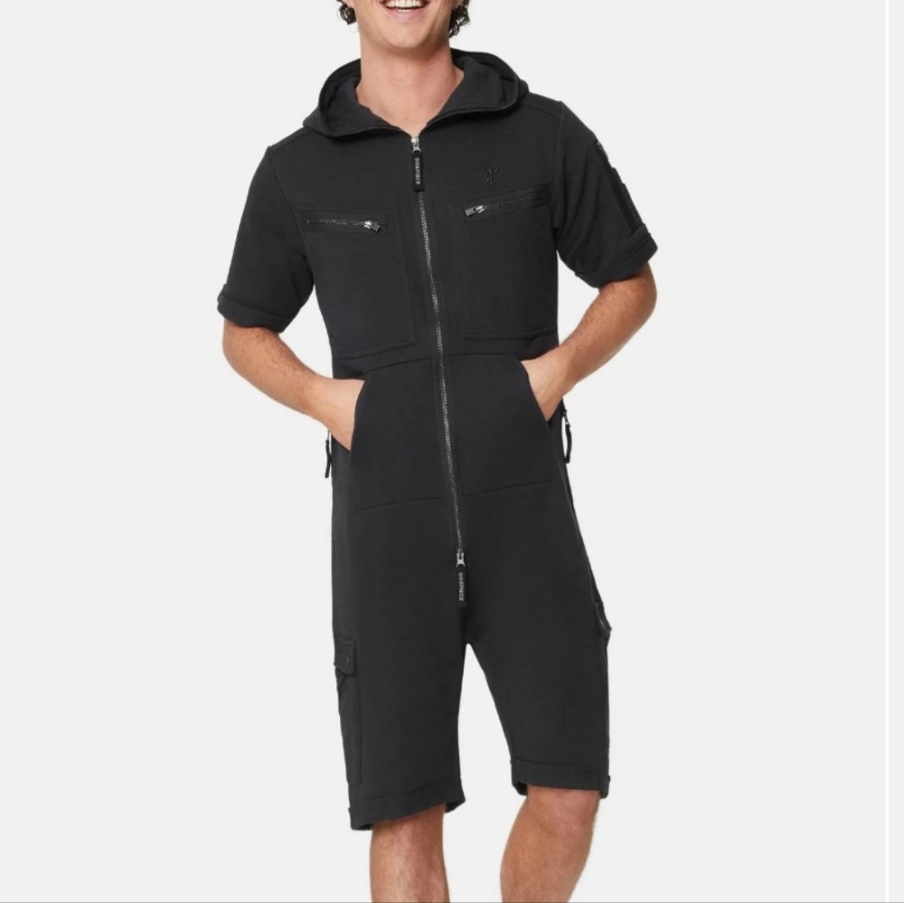Onepiece NWT Black Hooded‎ Short Sleeve Pockets Cotton Men's Jumpsuit Size M